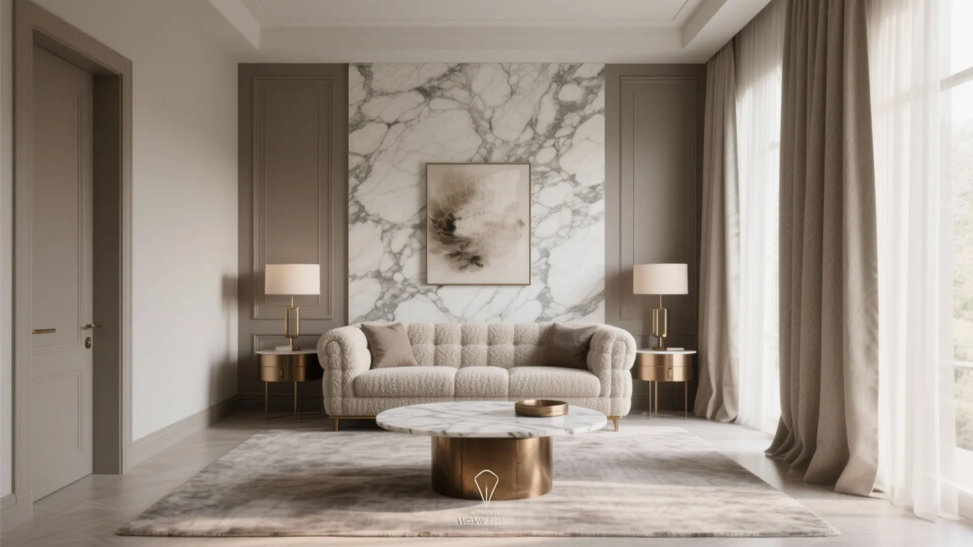 Luxurious living room featuring marble wall panel beige sofa marble coffee table and gold light fixtures