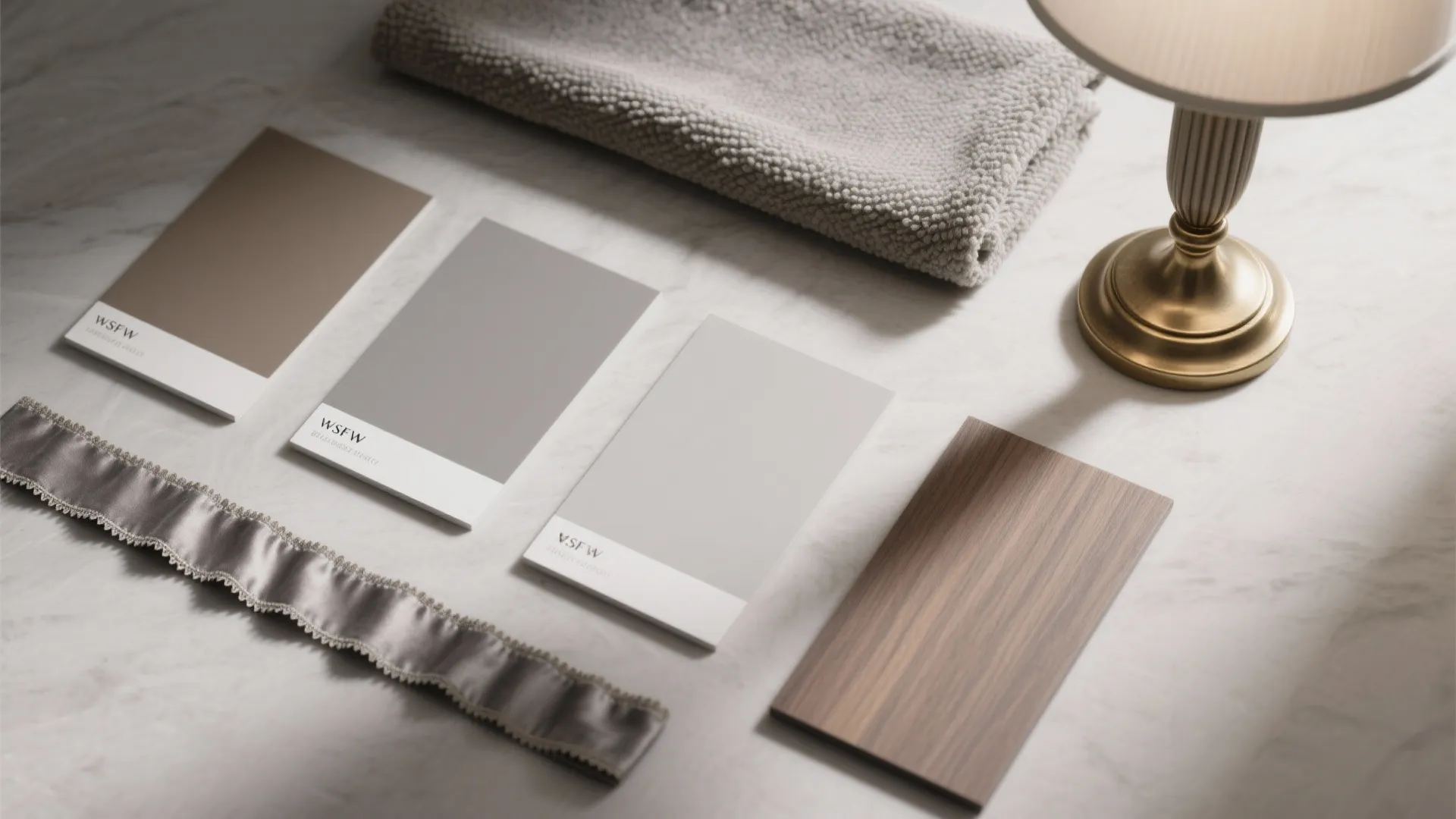 Interior design material board with grey color swatches wood sample fabric trim and table lamp