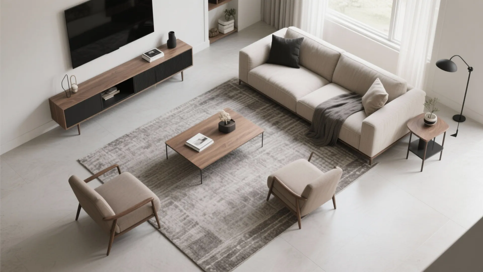 Interior design drawing showing room layout with cream sofa, two armchairs, rug, and TV stand