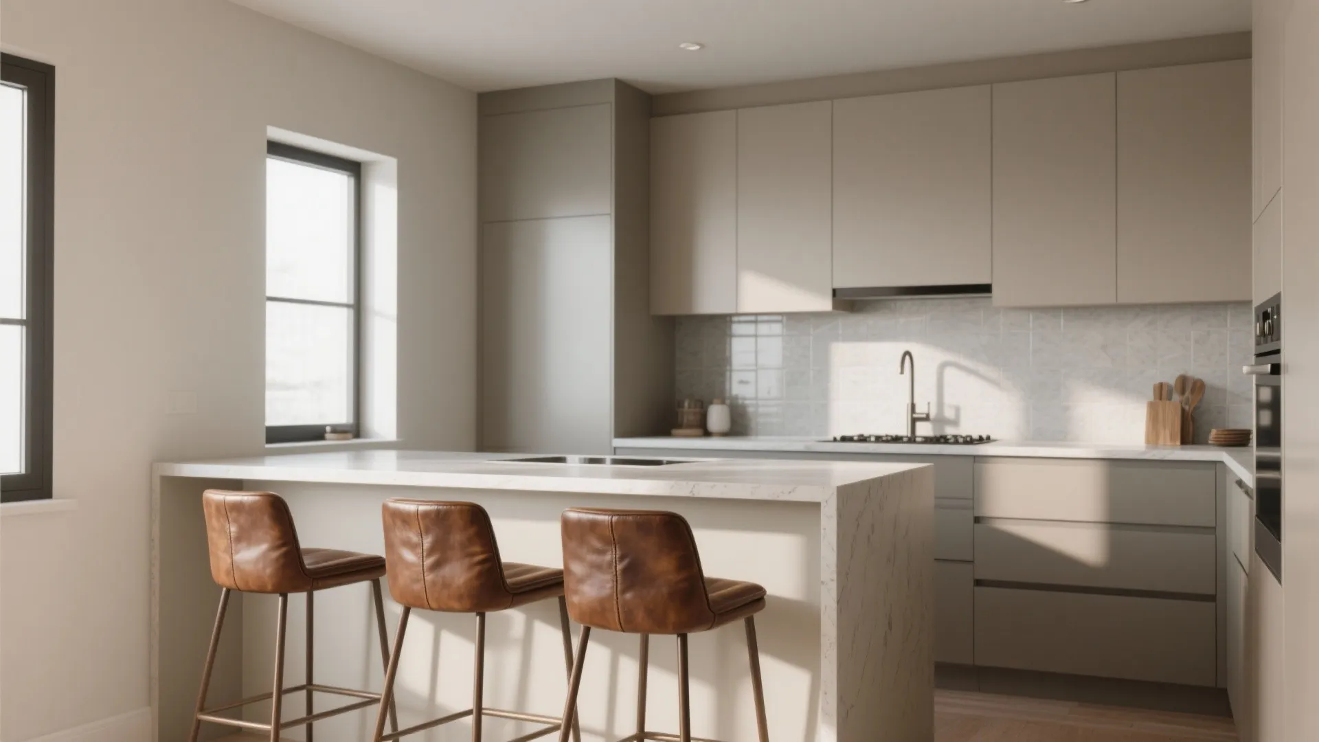 2. Soft Greige Walls with Brown Leather Bar Stools