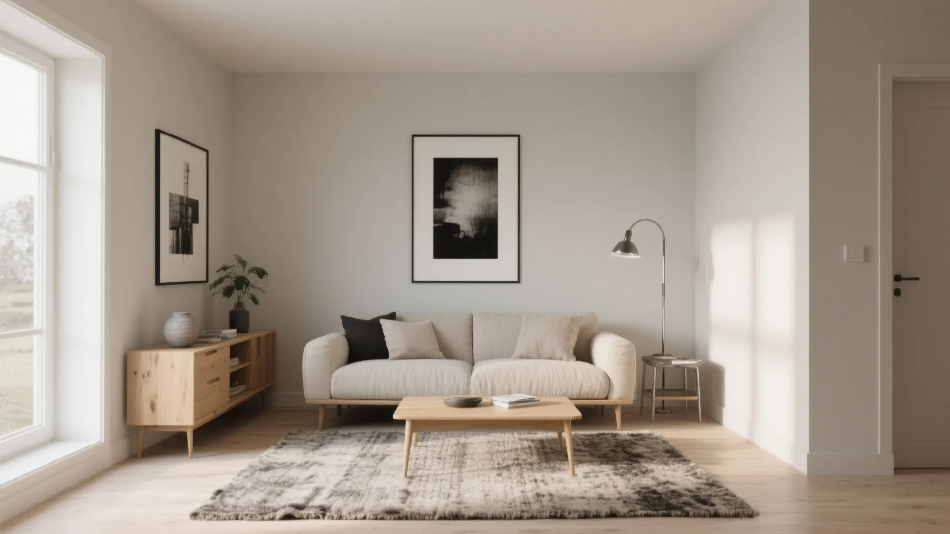 Minimalist living room with cream sofa, wooden coffee table, floor lamp, cabinet, and framed art