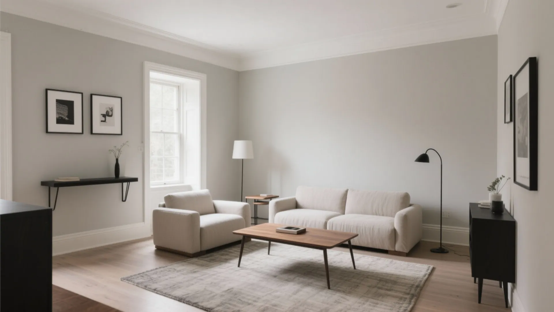 1) Greige + Warm White + Matte Black Accents (Living Room Calm)