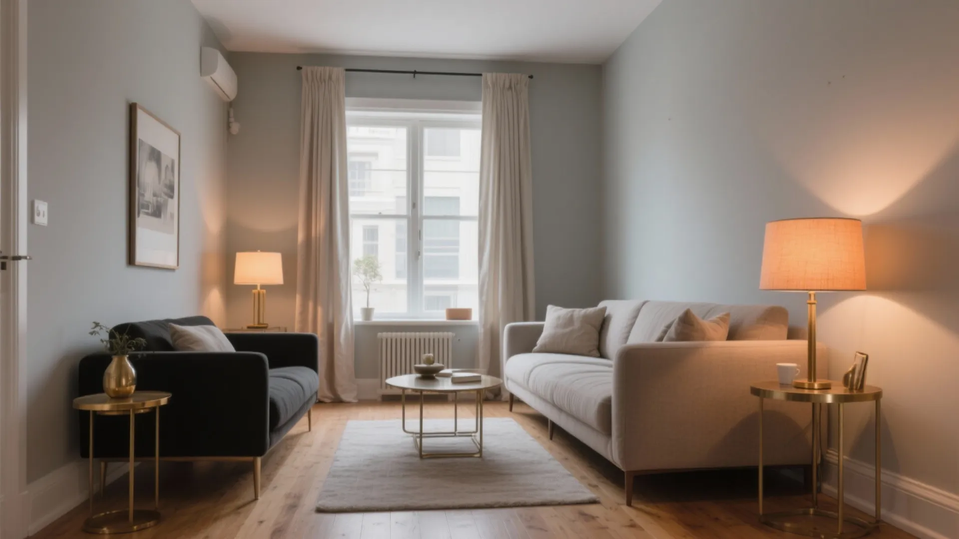 Small living room with grey walls light sofa black sofa coffee table and warm lamps