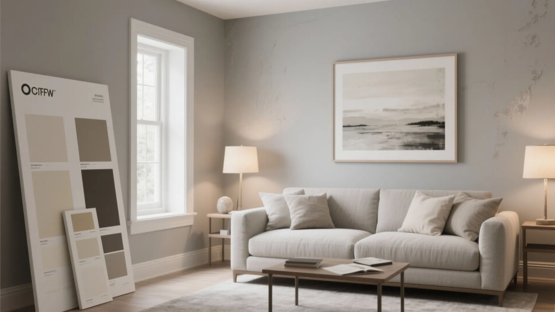 Modern greige living room with cream sofa coffee table wall art and large paint swatches