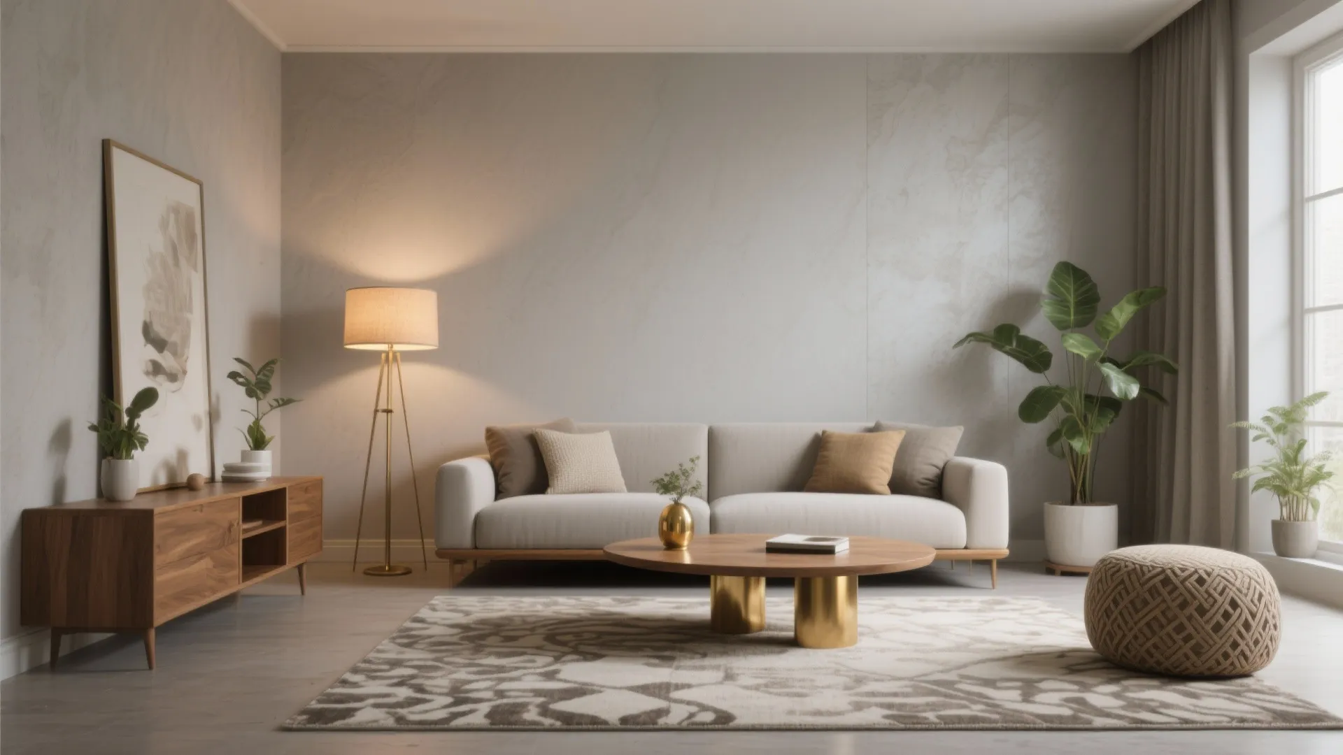 Minimalist living room with beige sofa round wood table floor light green plants and patterned rug