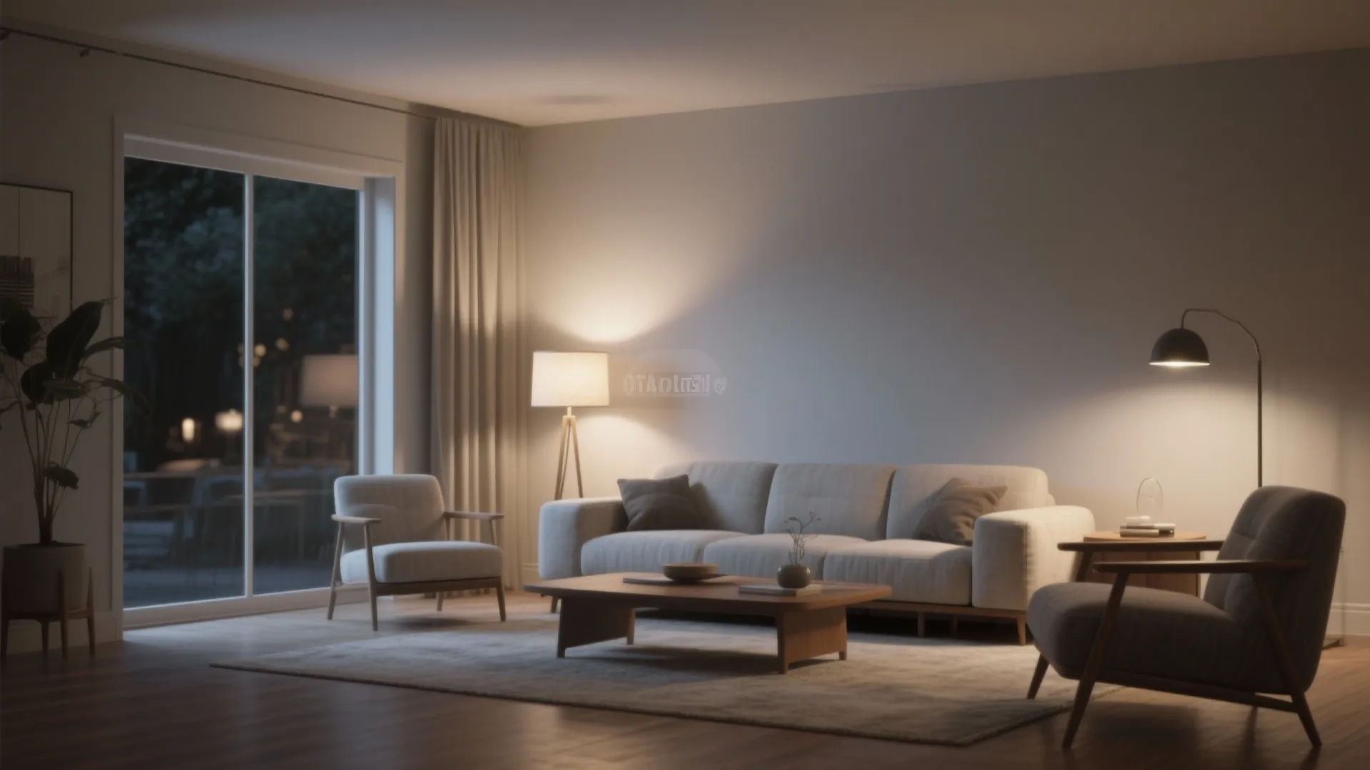 Living room in greige and off-white tones showing depth and subtle undertone shifts.