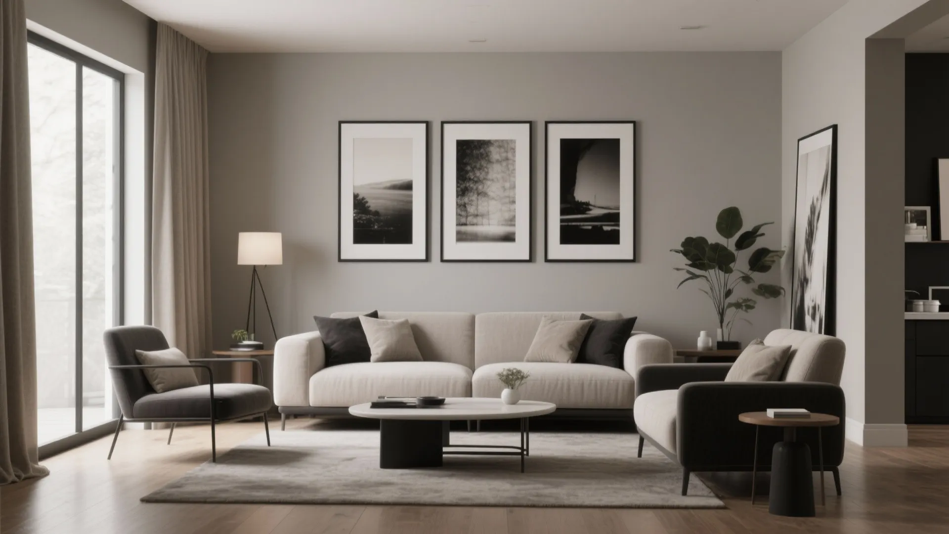 Greige living room with matte black frames and linen curtains