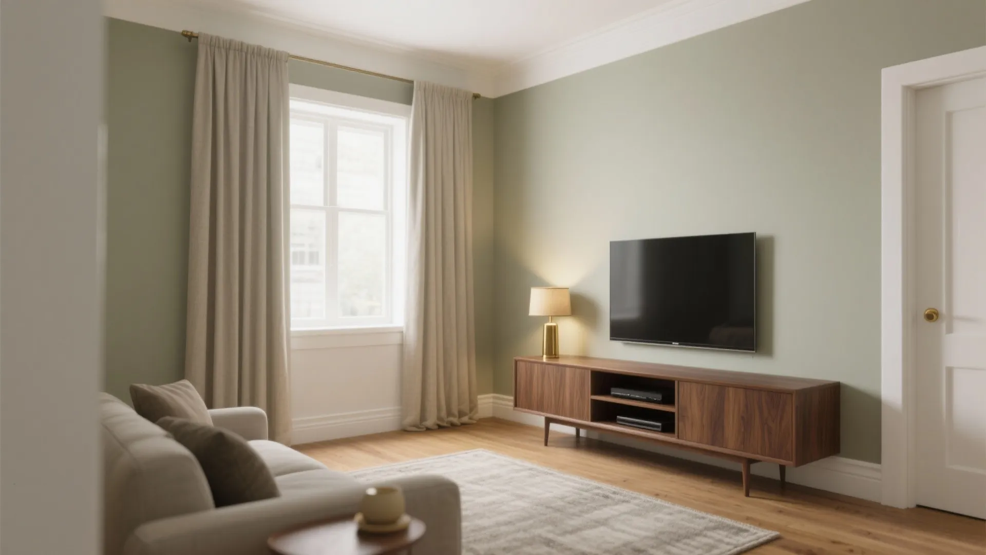 Modern living room featuring light green walls wooden cabinet wall mounted television and beige curtains