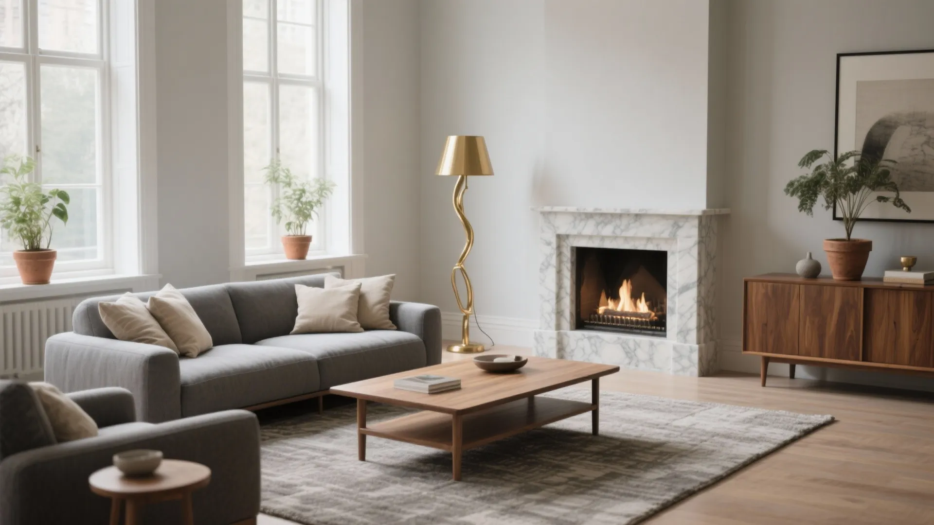 Elegant living room with grey sofa wooden coffee table marble fireplace gold light fixture and windows