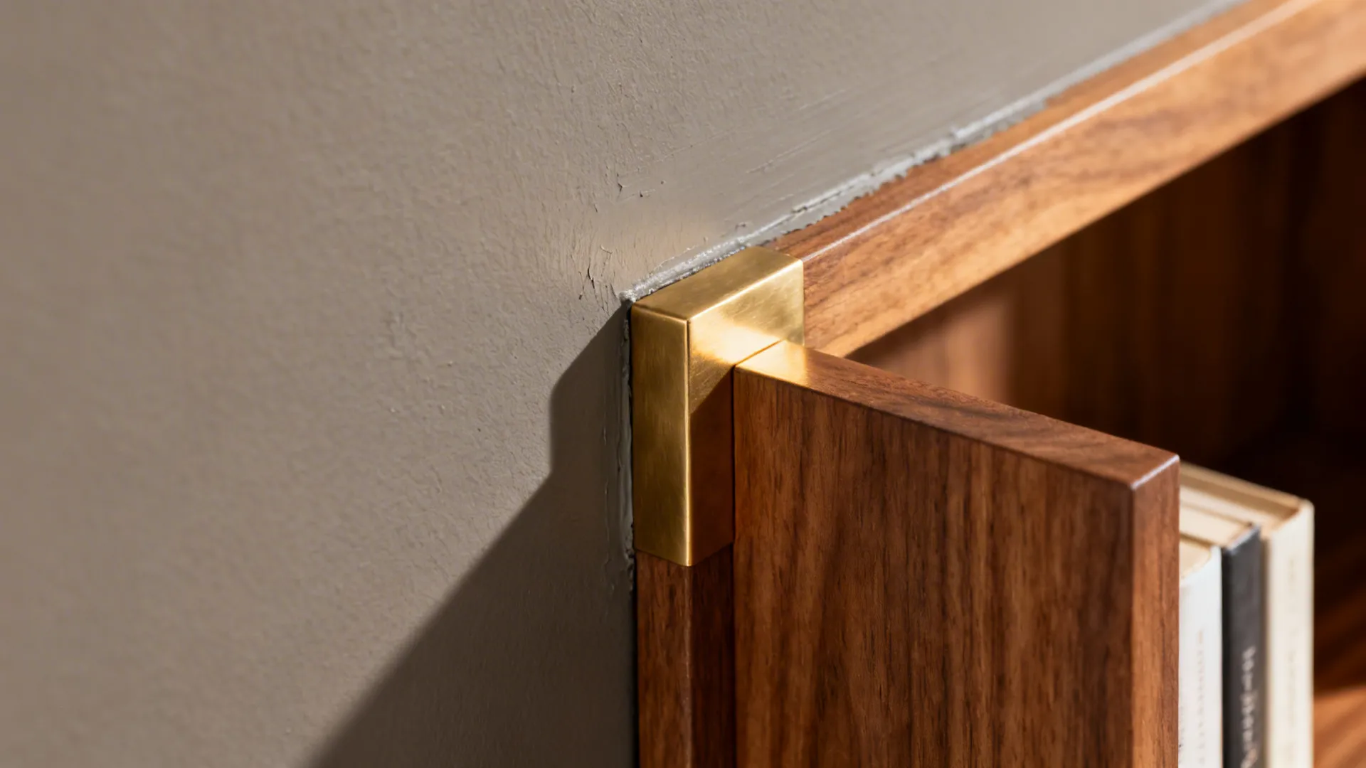 Macro of taupe-grey wall intersecting warm oak shelf with brushed brass accent under warm light.