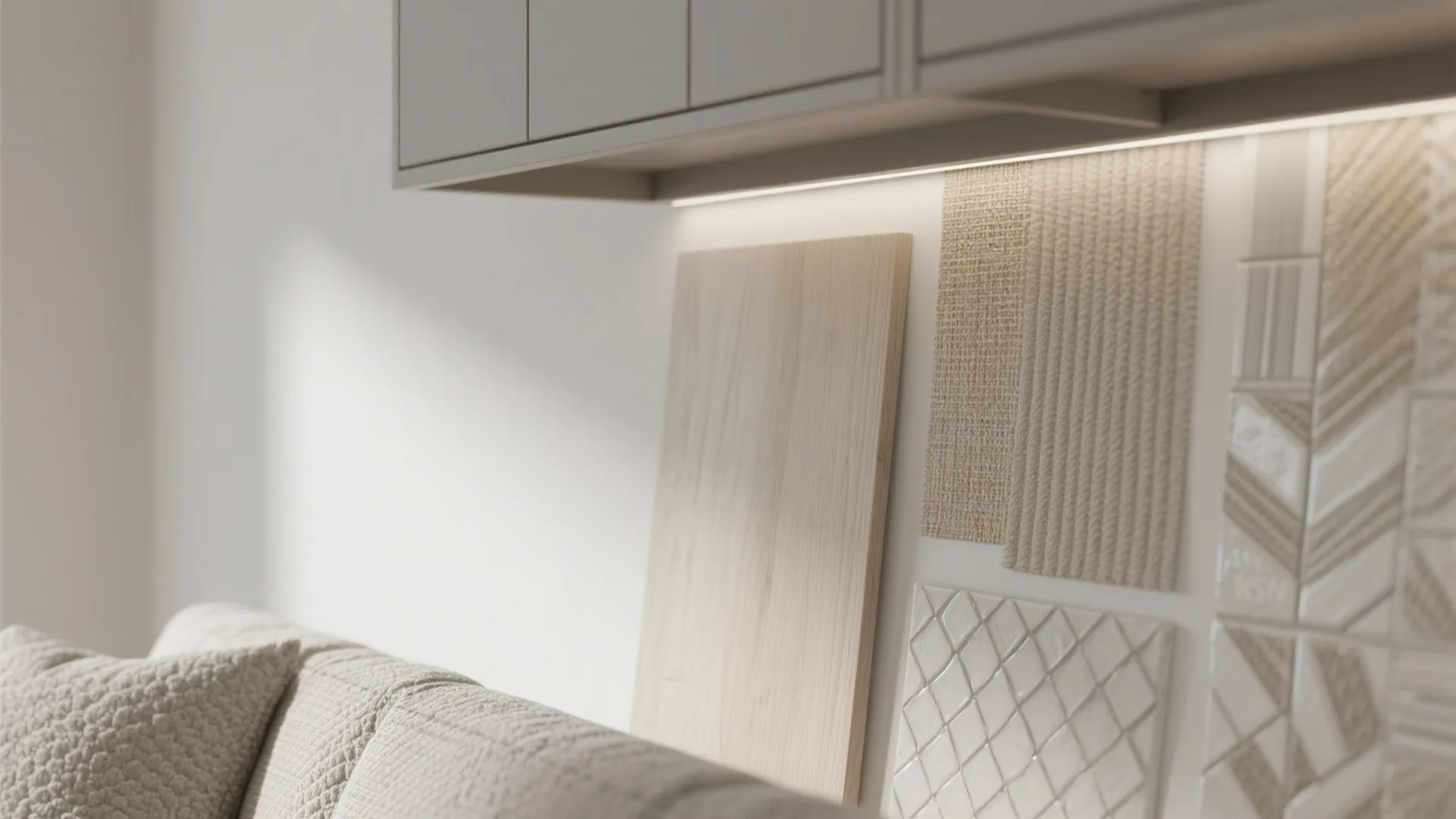 Interior design mood board with wood panel fabric samples and tiles under a warm light fixture