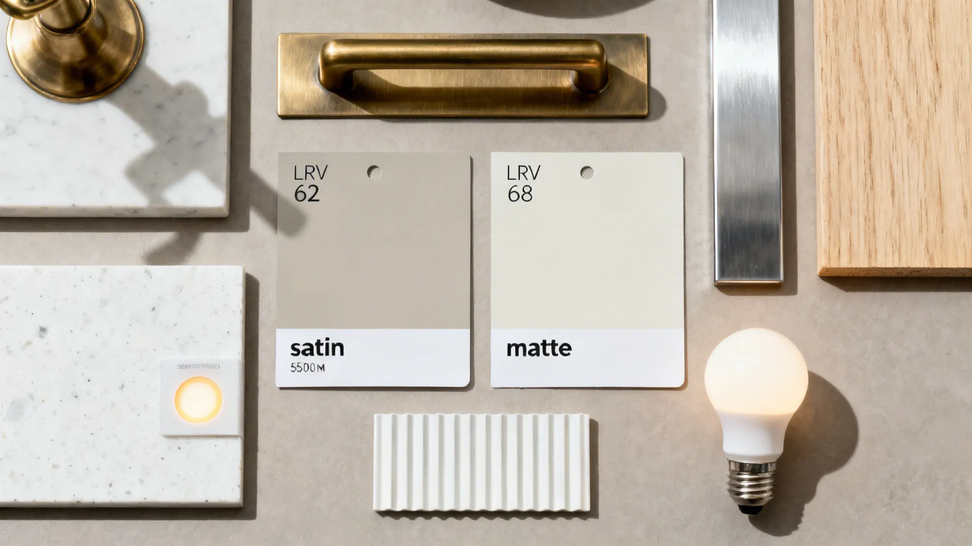 Greige paint chips with sheen options, metals, oak, and quartz in a tidy flat lay.