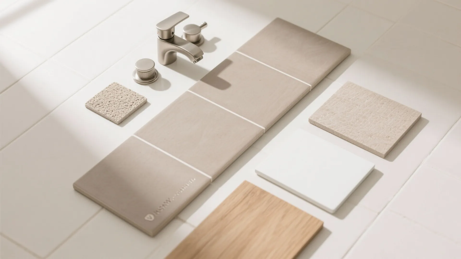 Matte porcelain in warm greige for a seamless spa feel