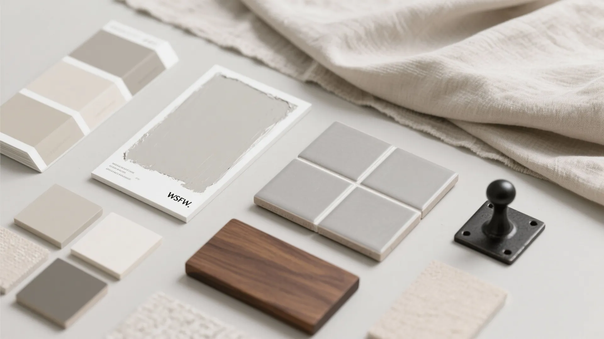 Top-down palette with greige paint chips, soft white trim, gray tile, walnut, and linen.