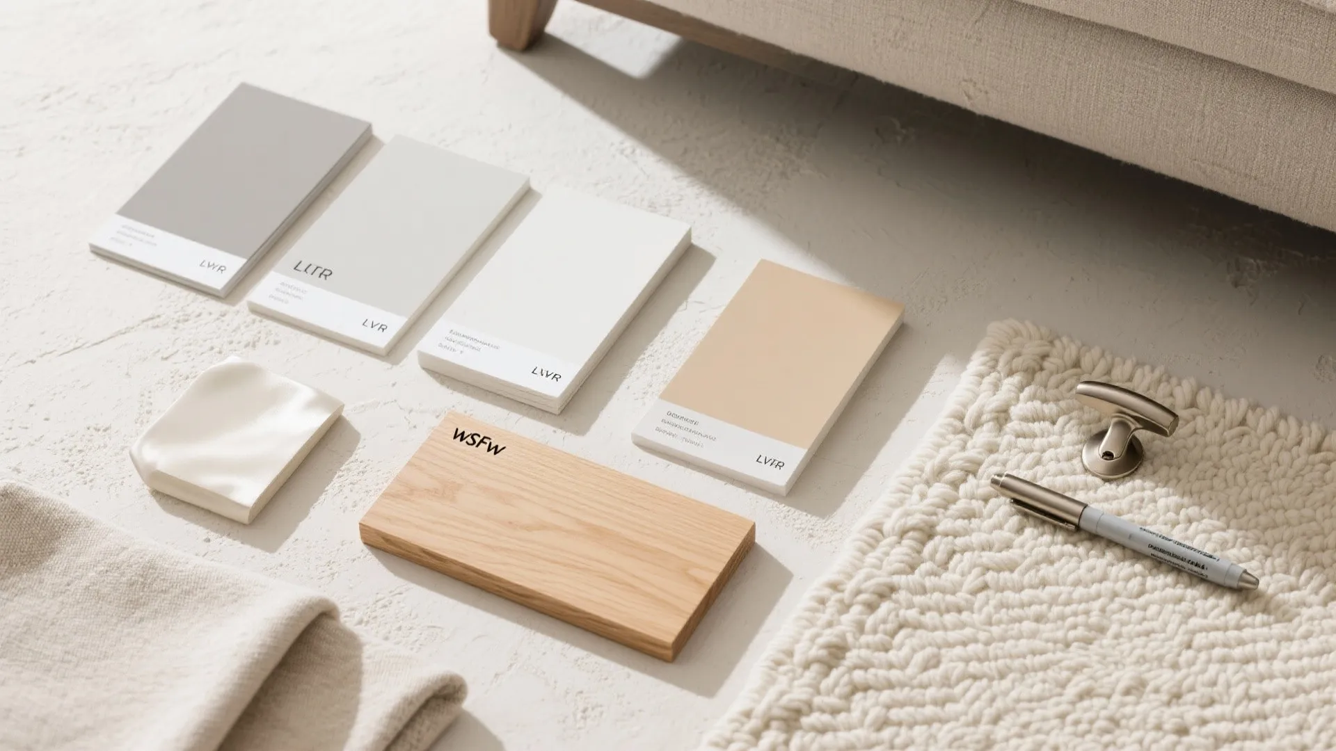 Interior design material board with color swatches wood sample metal handle pen and white carpet