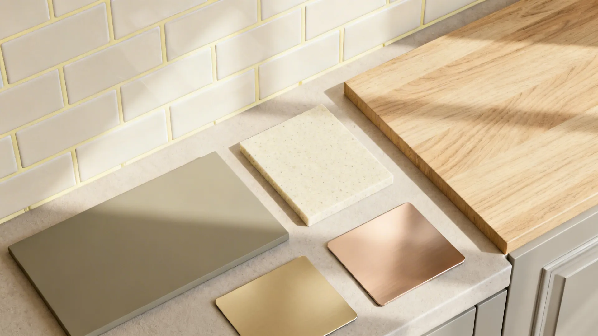 Interior design material samples including wood plank beige tile green board gold and copper metal