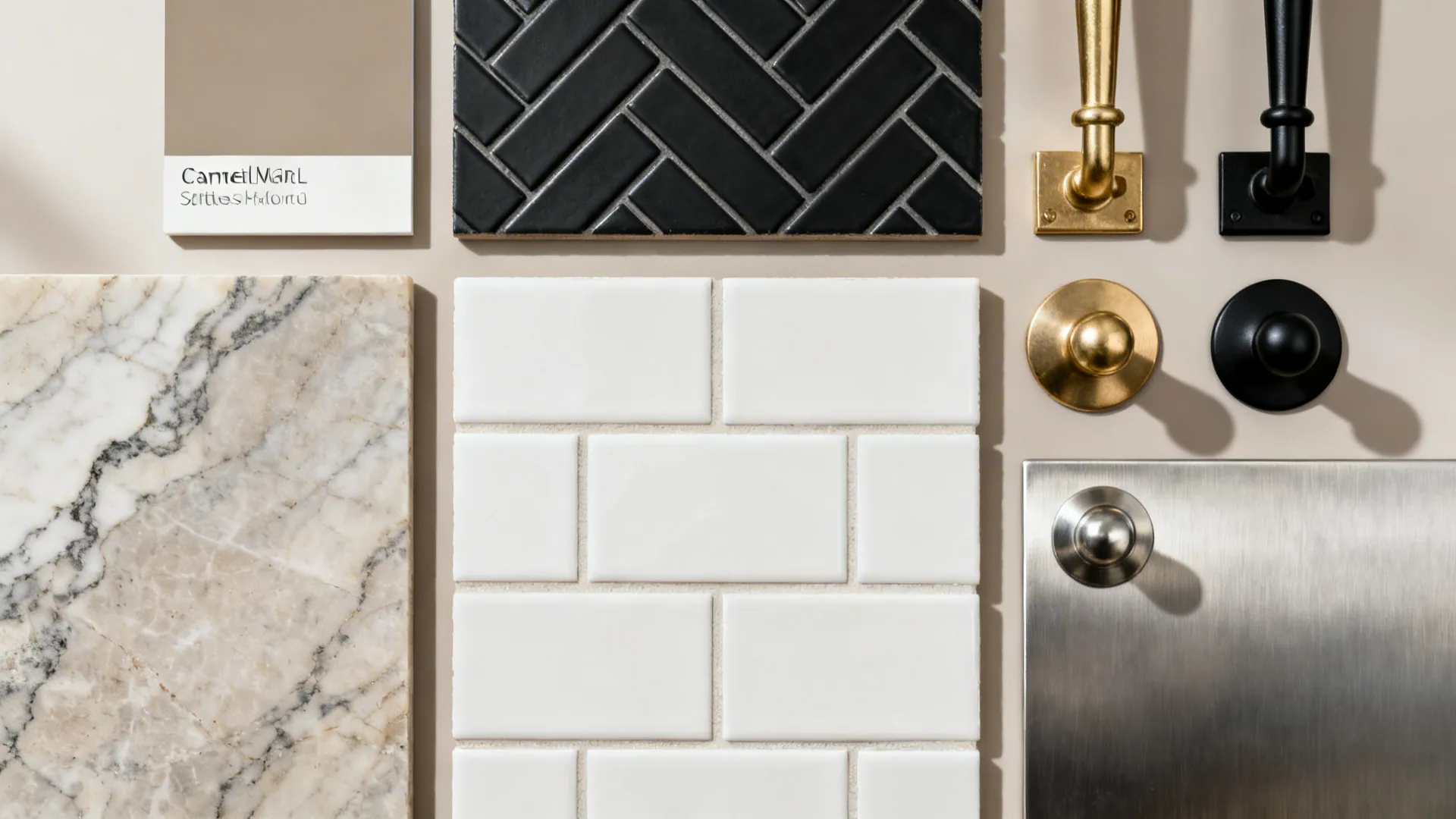 Flat-lay of greige paint, black herringbone tile, quartzite, and mixed metal hardware.