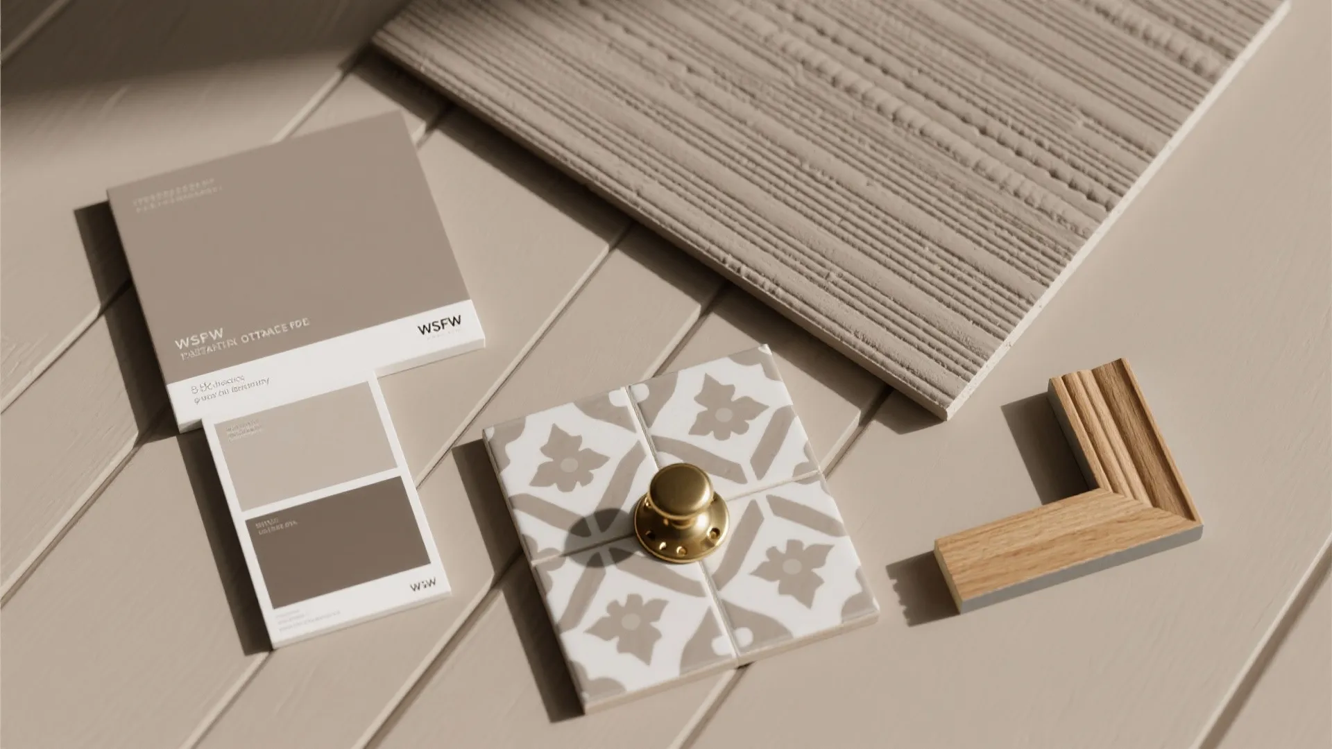 Interior design material board with greige paint swatches patterned tiles wood trim and gold knob