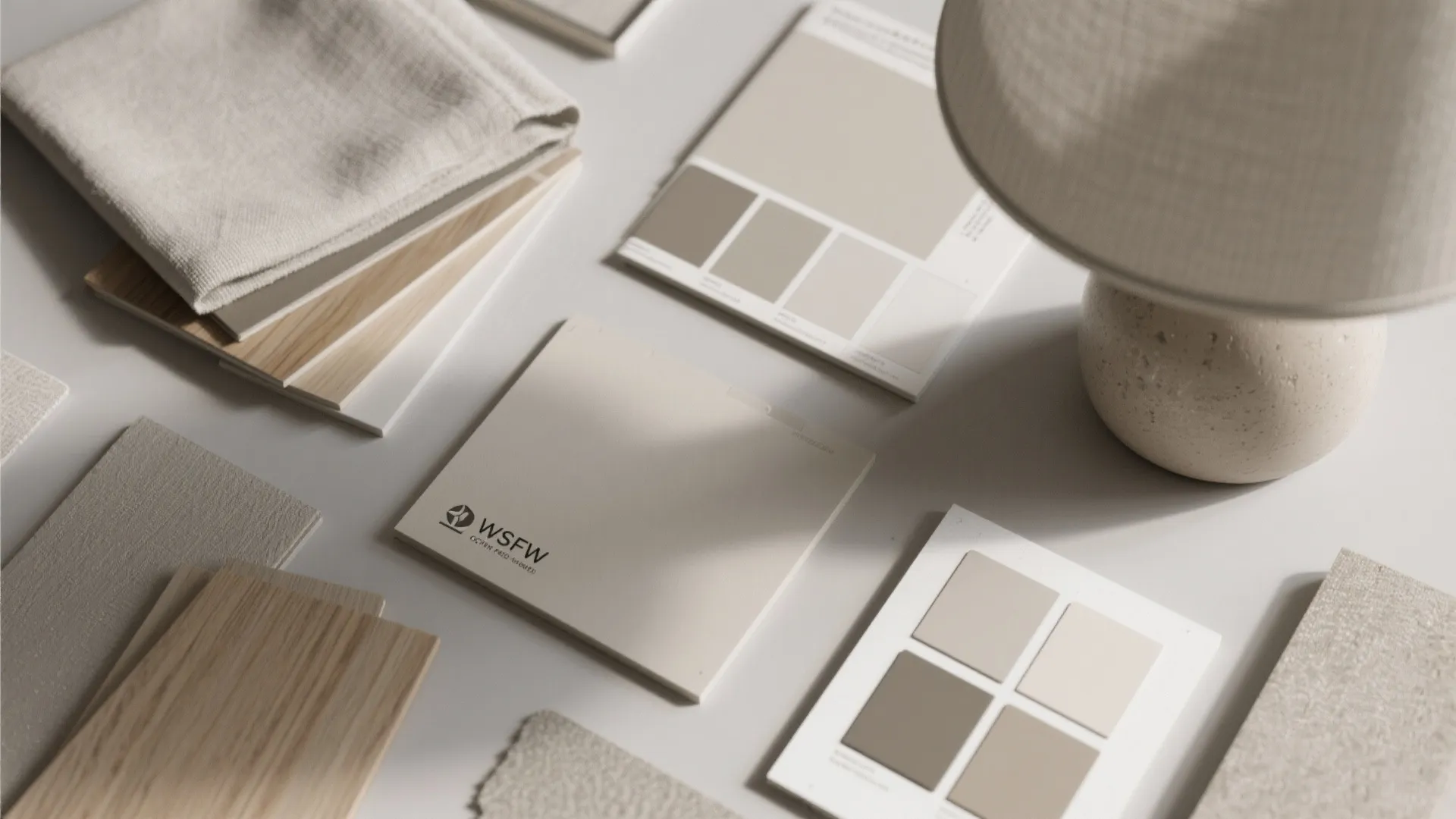 Top-down material flatlay showing greige paint swatches, wood and textiles