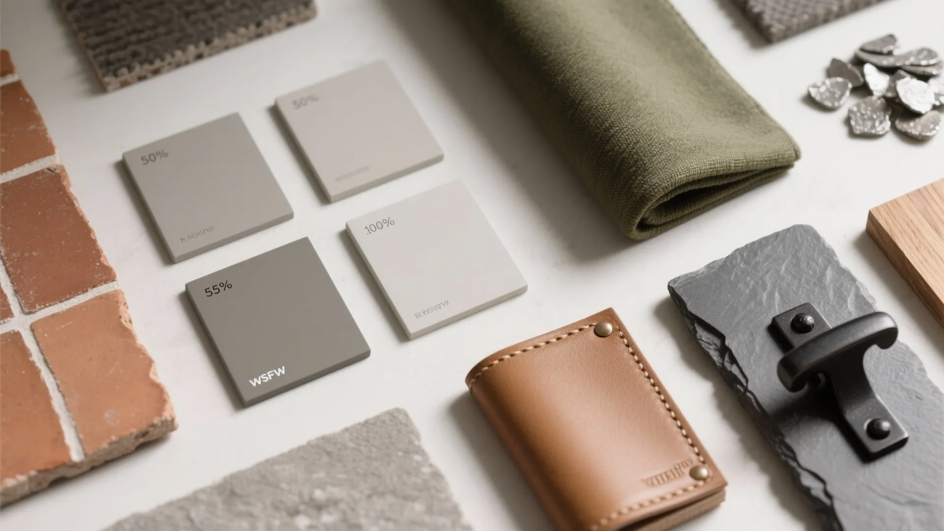 Interior design material board with grey color swatches green fabric leather stone and brick samples