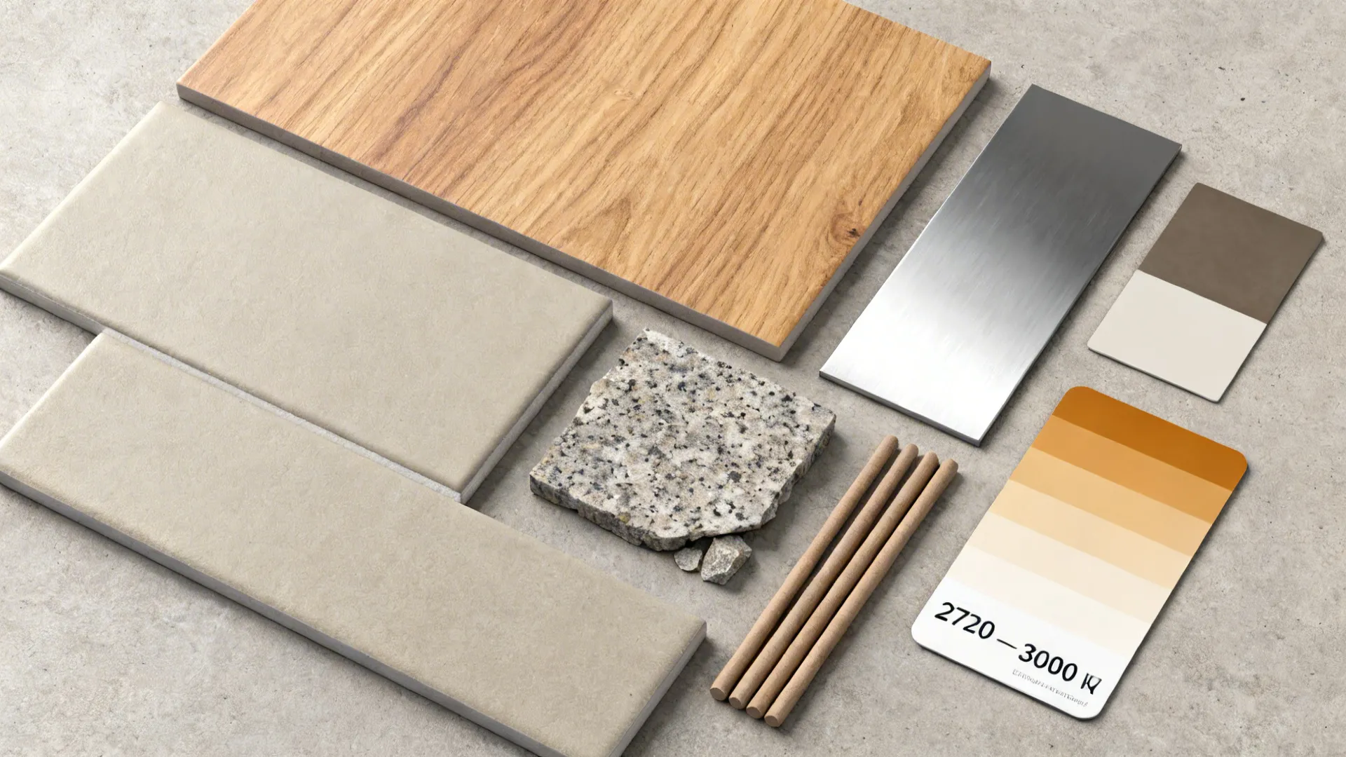 Top-down flat lay of matte greige tiles with oak, stainless, granite, and grout samples.