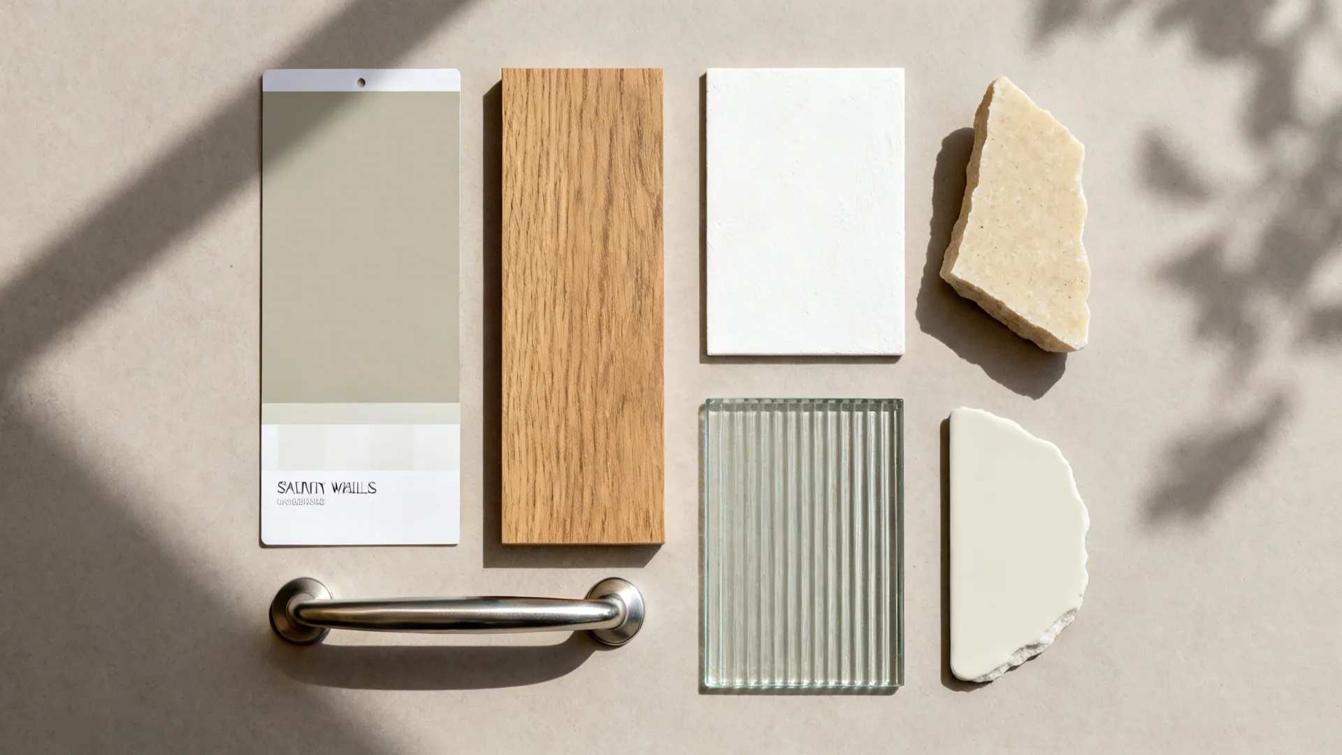 Flatlay with greige and warm white swatches, oak laminate, ribbed glass, and brushed hardware.