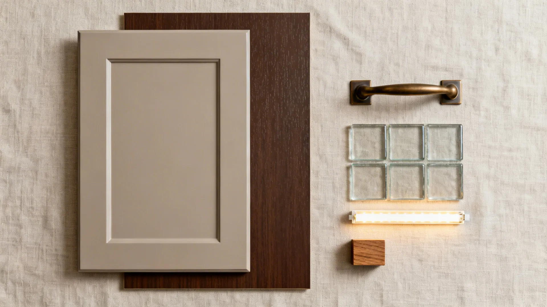 Top-down material board with greige door, chocolate laminate, bronze pull, and glass tile.