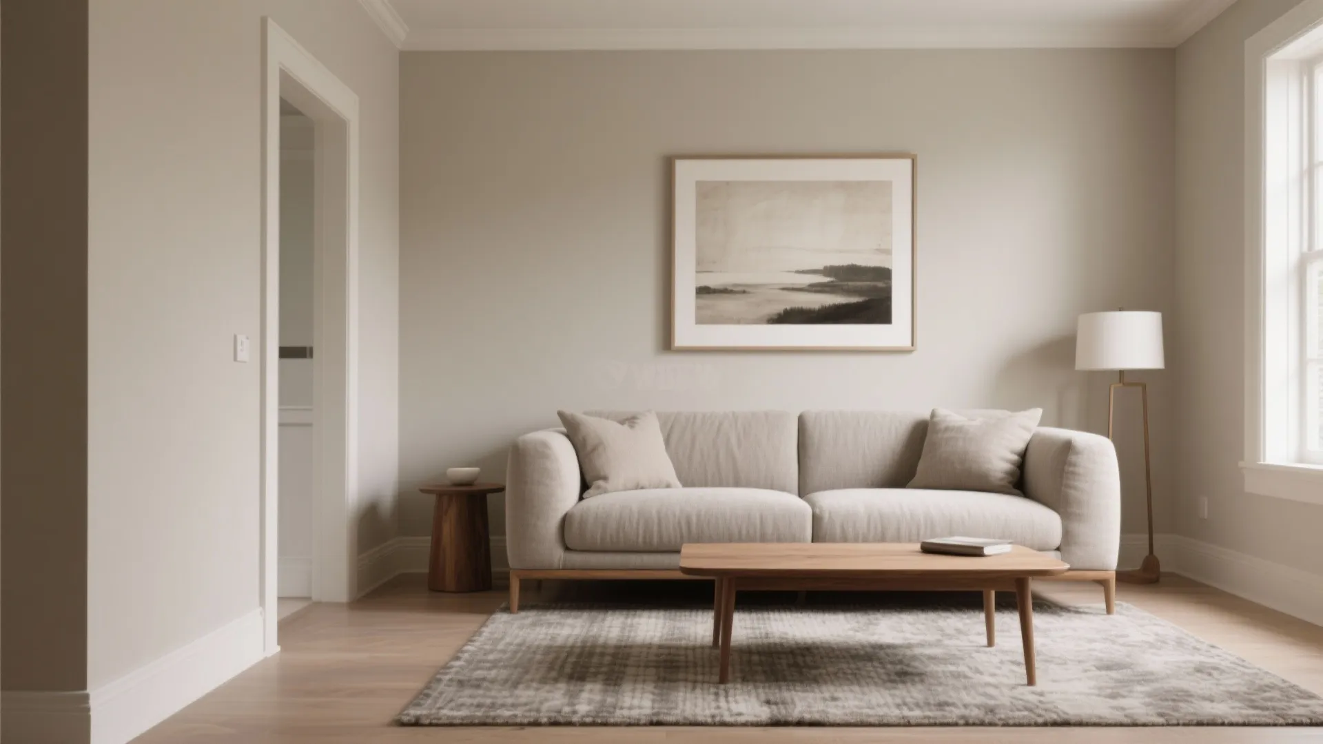 Minimalist living room with beige walls grey sofa wooden coffee table rug and standing lamp