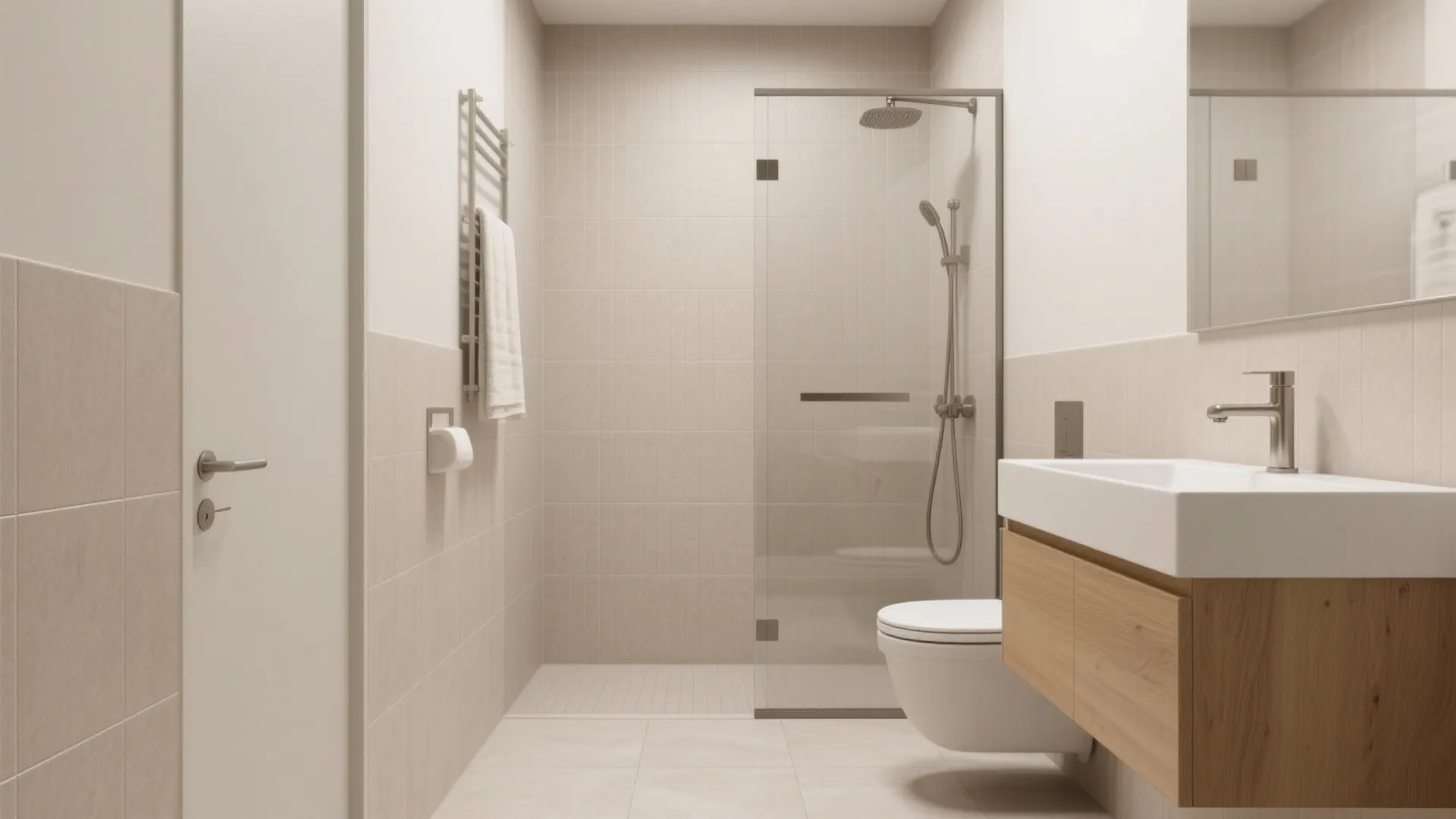 Matte porcelain in warm greige for a seamless spa feel