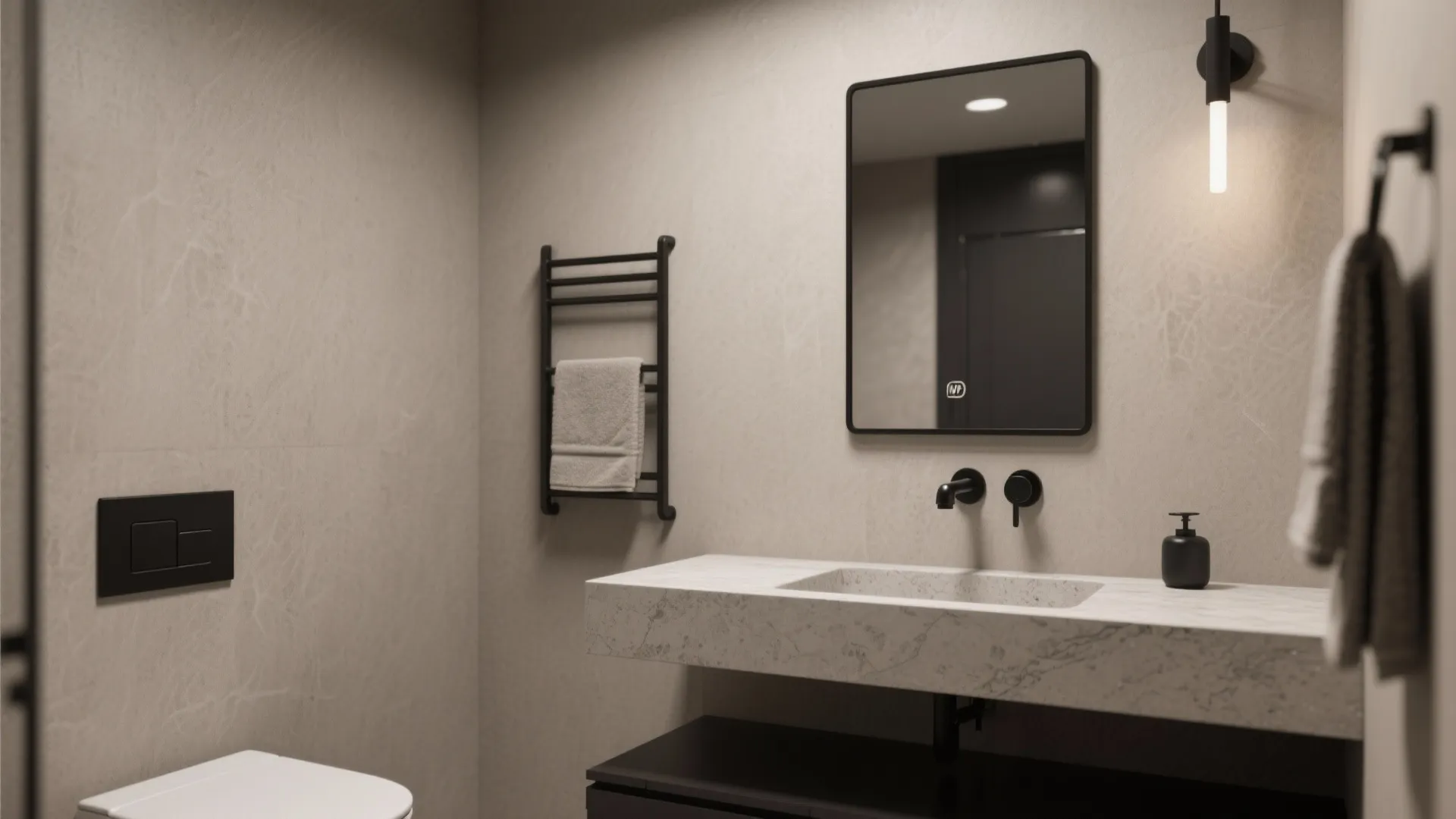 Minimalist bathroom with stone sink matte black wall light mirror and towel rack over grey walls