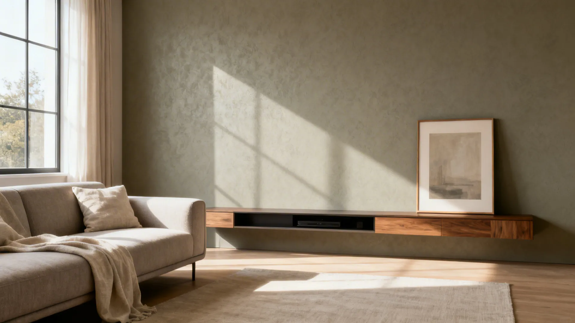 Small living room with greige microtextured wall and soft daylight.