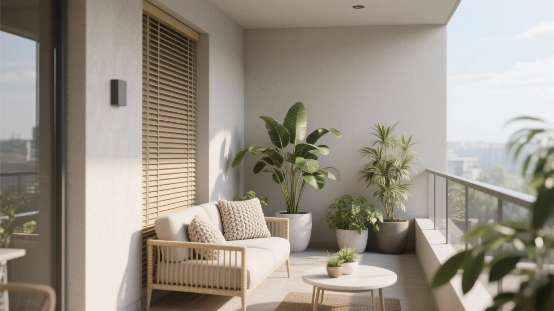 Minimalist balcony with a beige sofa, textured pillows, white coffee table, green plants, and wooden blinds