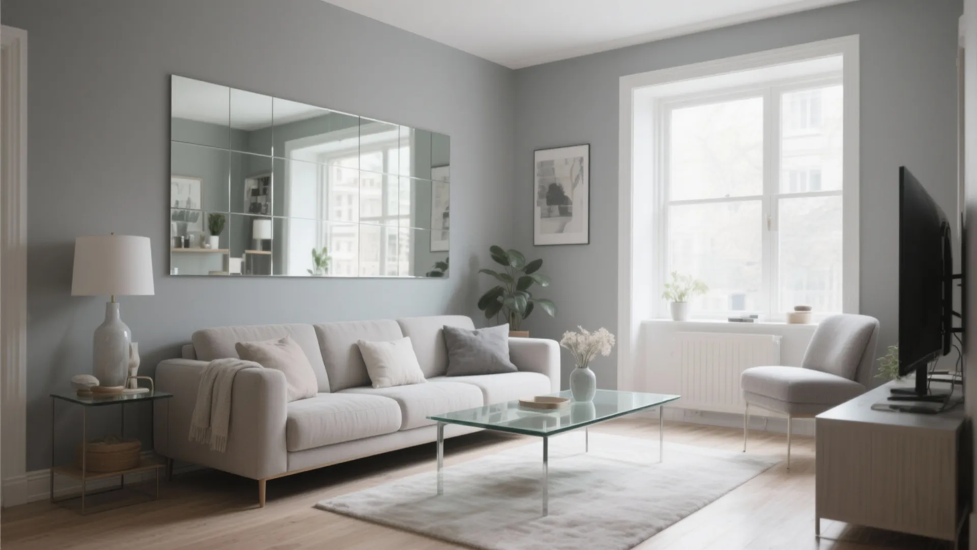 Greige living room with a mirrored accent wall