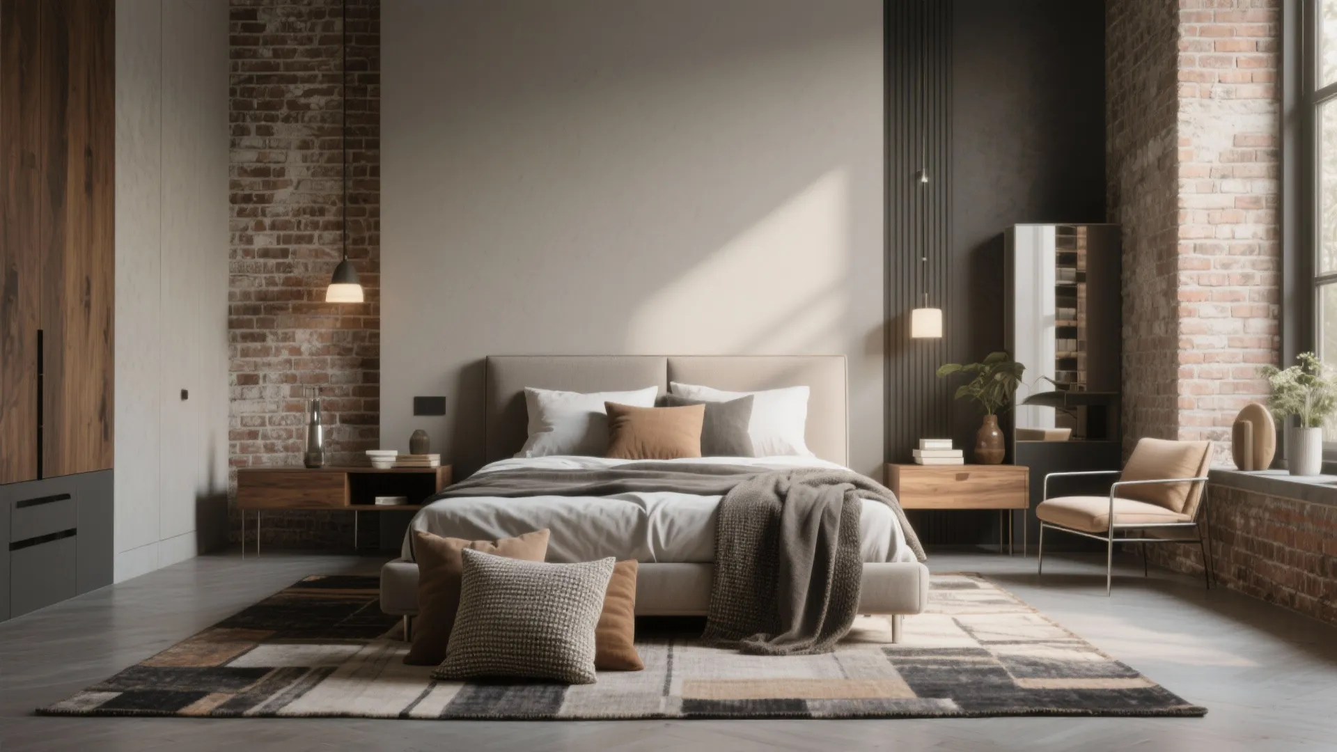 Bedroom with greige walls blending exposed brick, wood furniture and textured textiles.
