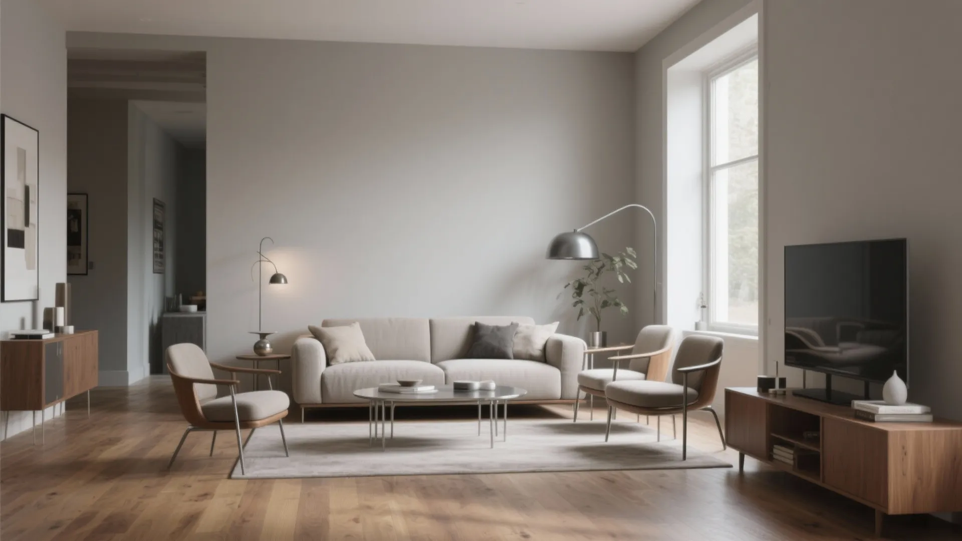 Minimalist living room with beige sofa grey armchairs wood flooring metal floor lamp and television