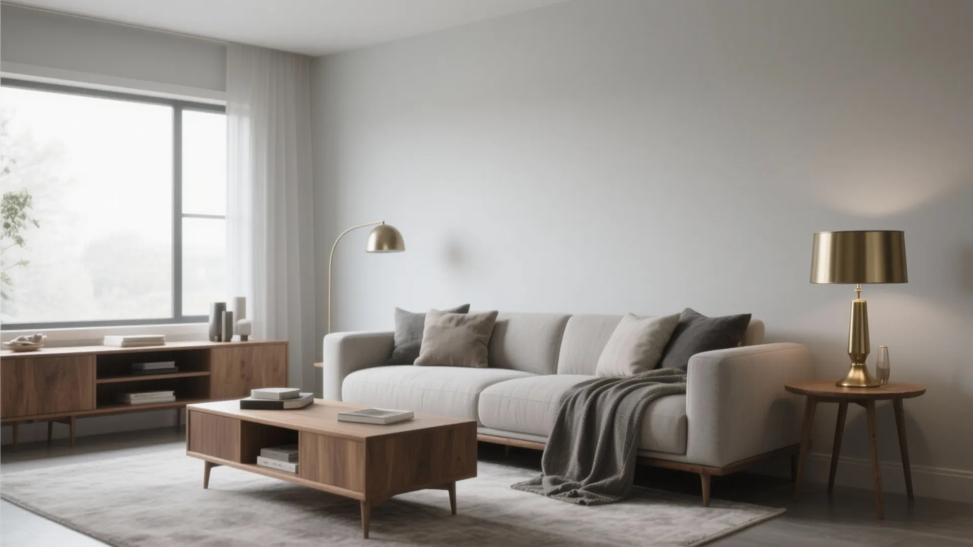 Contemporary living room with greige walls, brass accents and warm wood furniture demonstrating versatile styling.