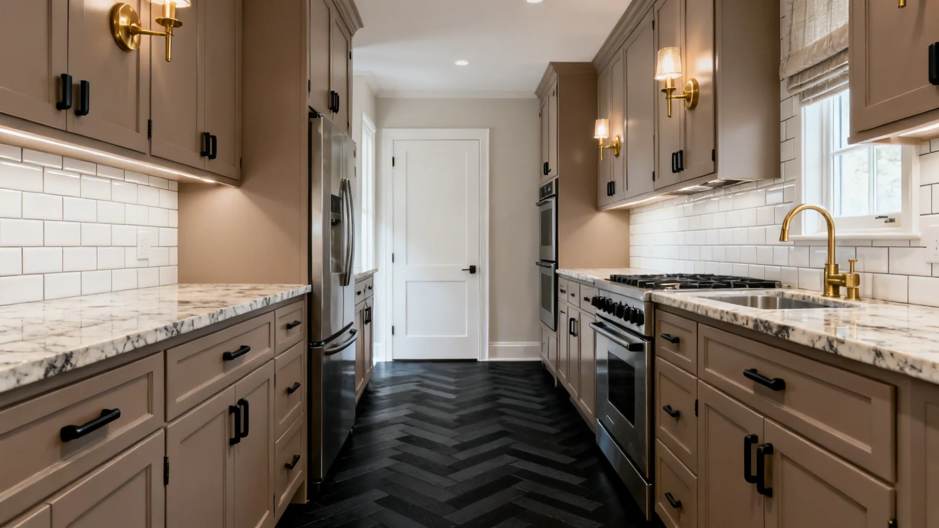 Greige mushroom cabinets paired with a black herringbone floor and mixed metal accents.