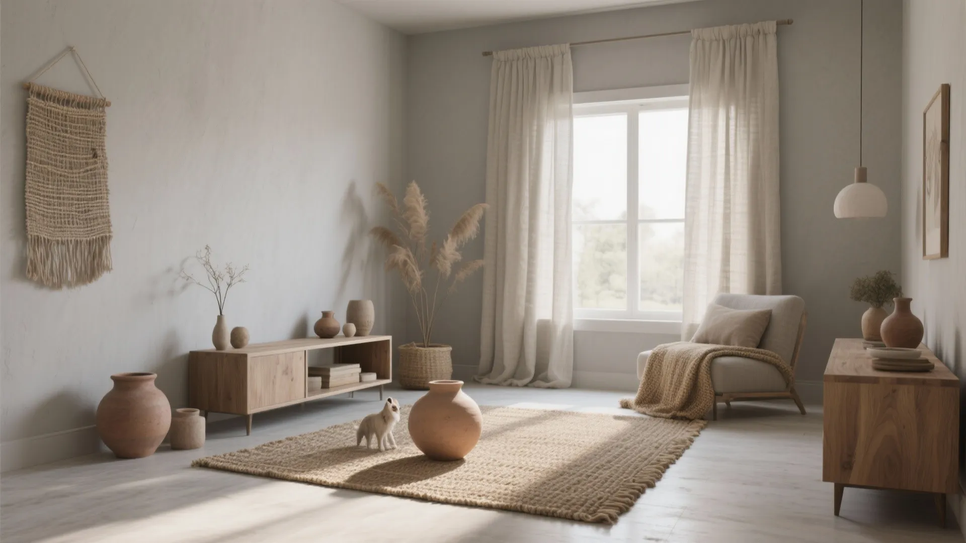 Neutral living room with wooden cabinets clay pots rug comfortable chair curtains and bright light