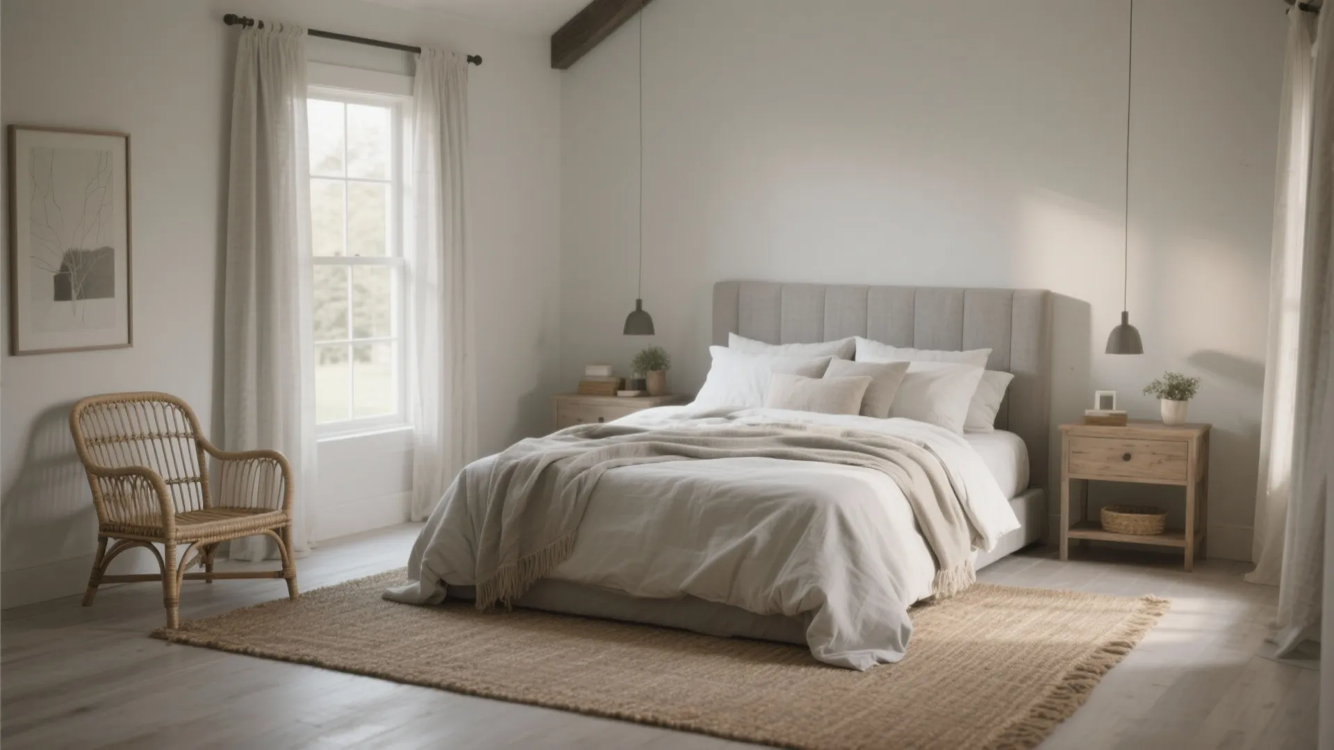 Minimalist bedroom with grey headboard beige rug rattan chair hanging light fixtures and white curtains