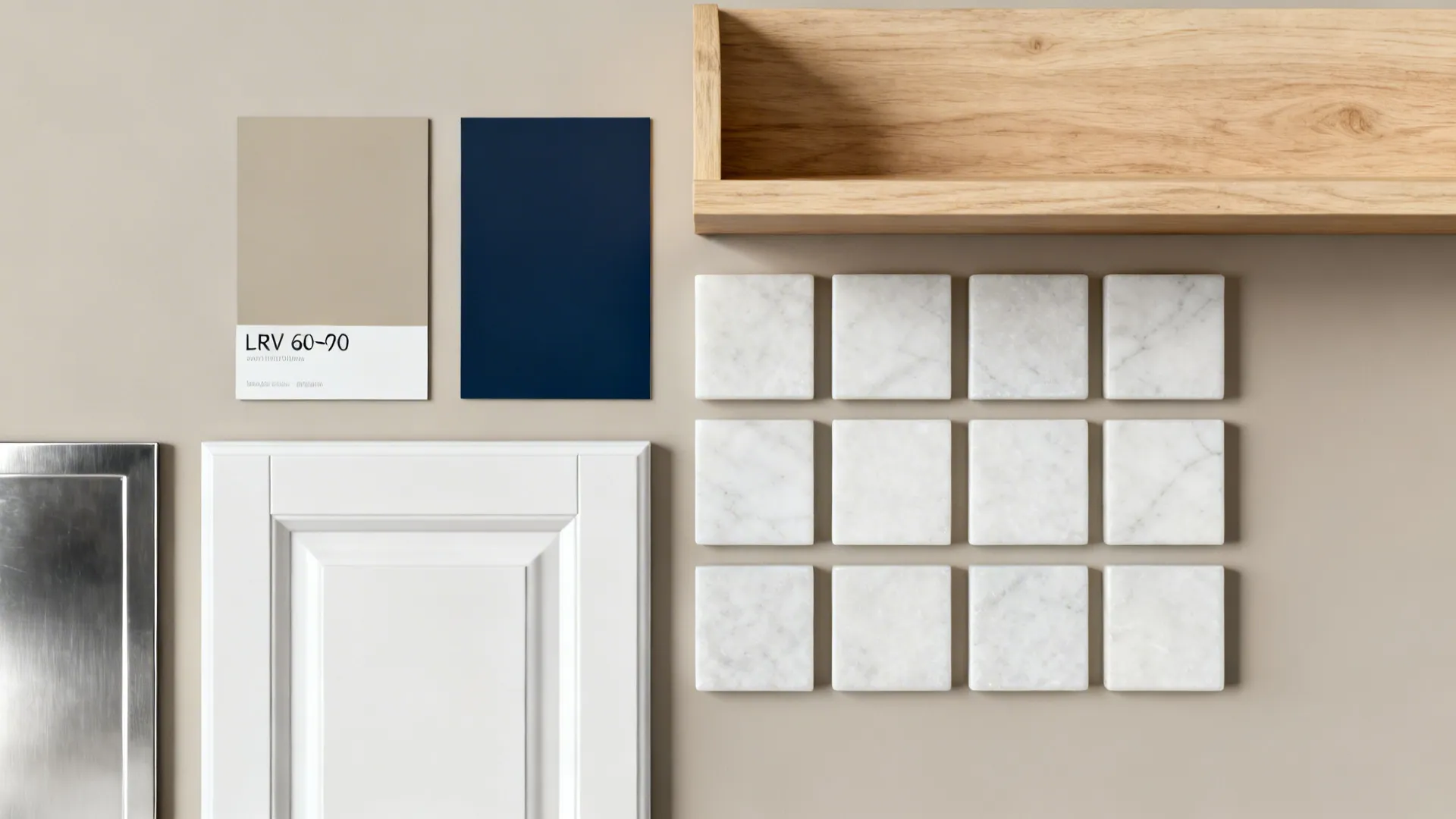 Top-down palette with greige and deep navy swatches, oak, stainless, and quartz samples.