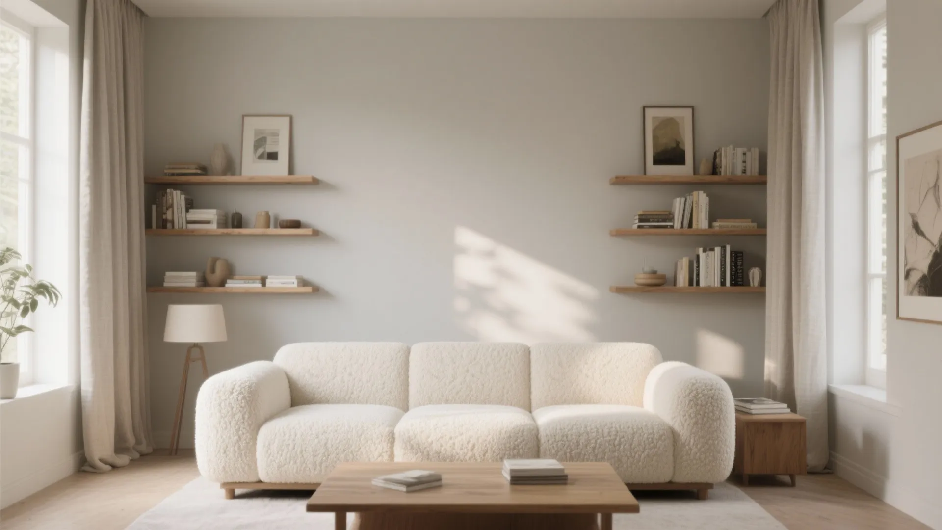 Minimalist living room with white fuzzy sofa wooden floating shelves light curtains and neutral color palette