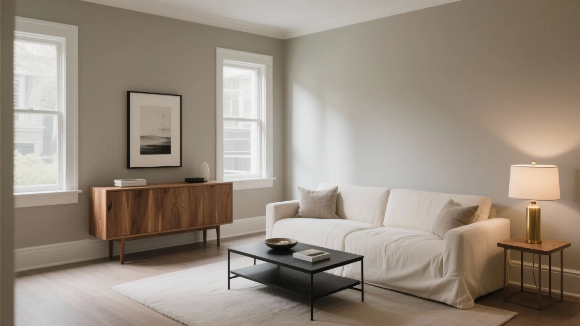 Modern living room with white sofa black coffee table wooden cabinet wall art and table lamp
