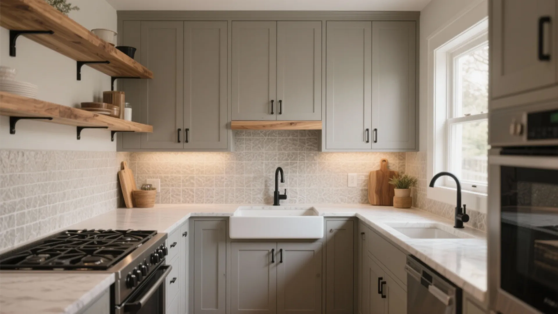 Modern grey kitchen cabinets with white farm sink black faucet wooden shelves and marble countertop