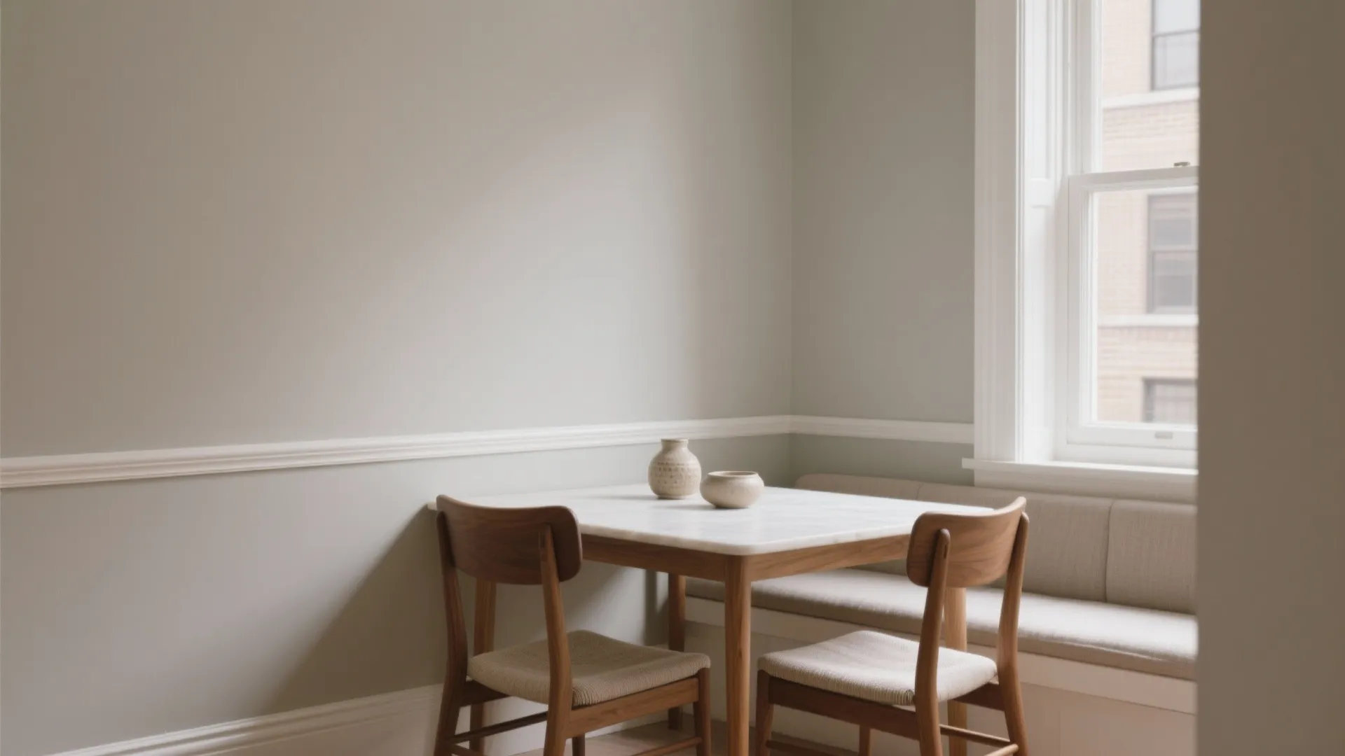 Dining area with grey wall panel white marble table wooden chairs soft bench and bright window