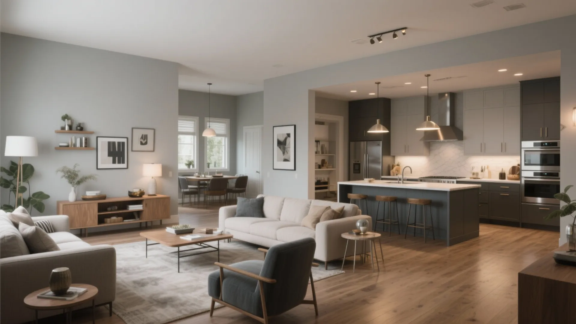 Modern open plan living room and kitchen interior with grey sofa wooden floor and island