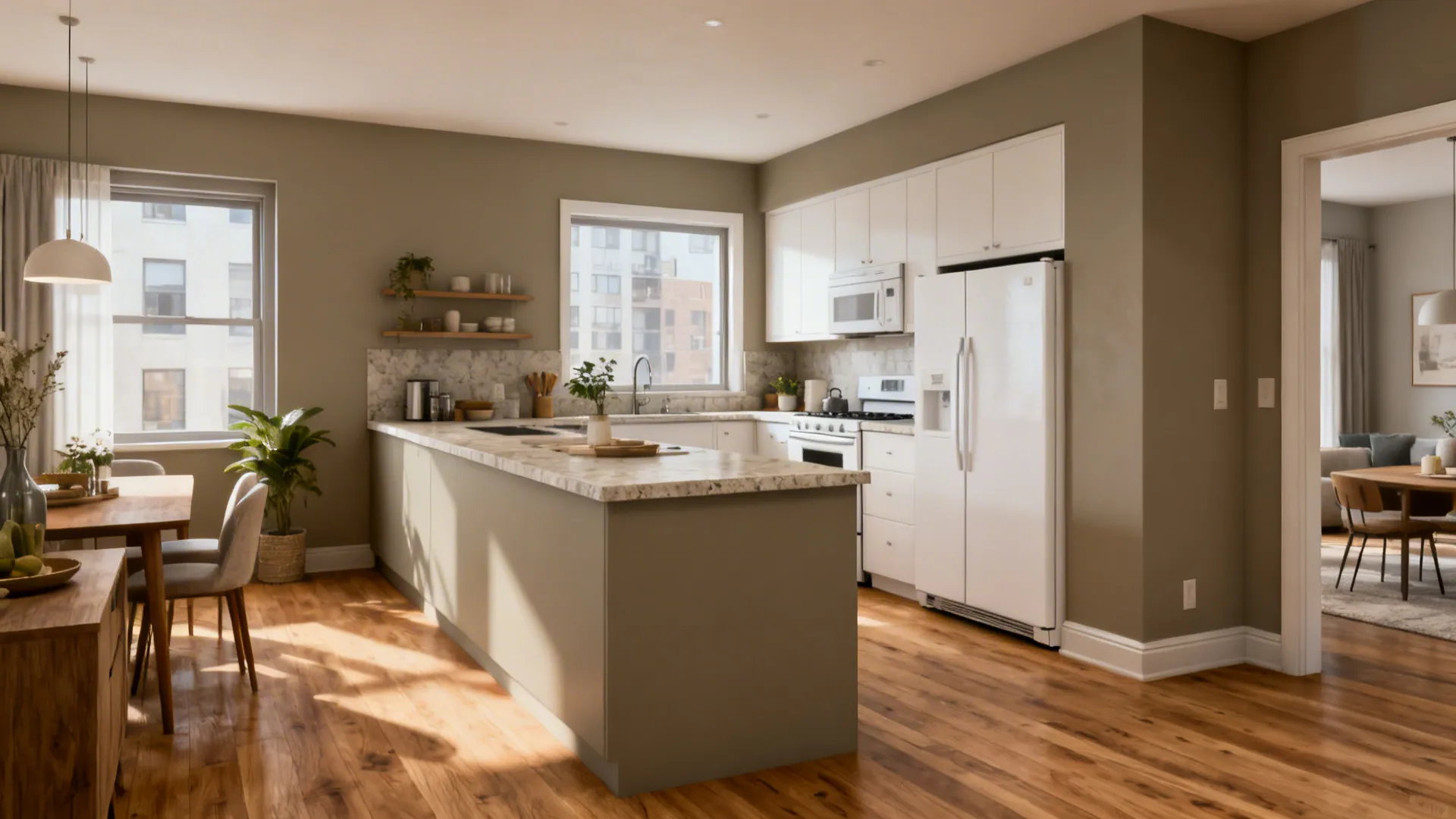 Greige kitchen walls in an open-plan space with oak floors and white appliances.