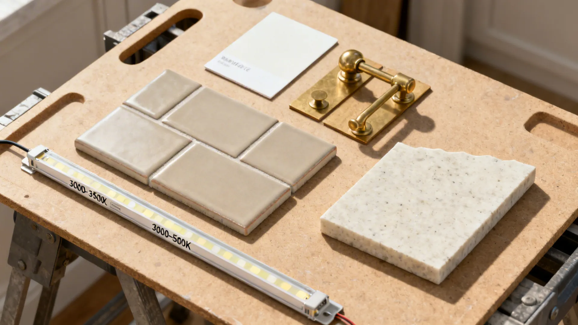 Top-down palette board with greige tile, warm white paint, brass hardware, and light quartz.