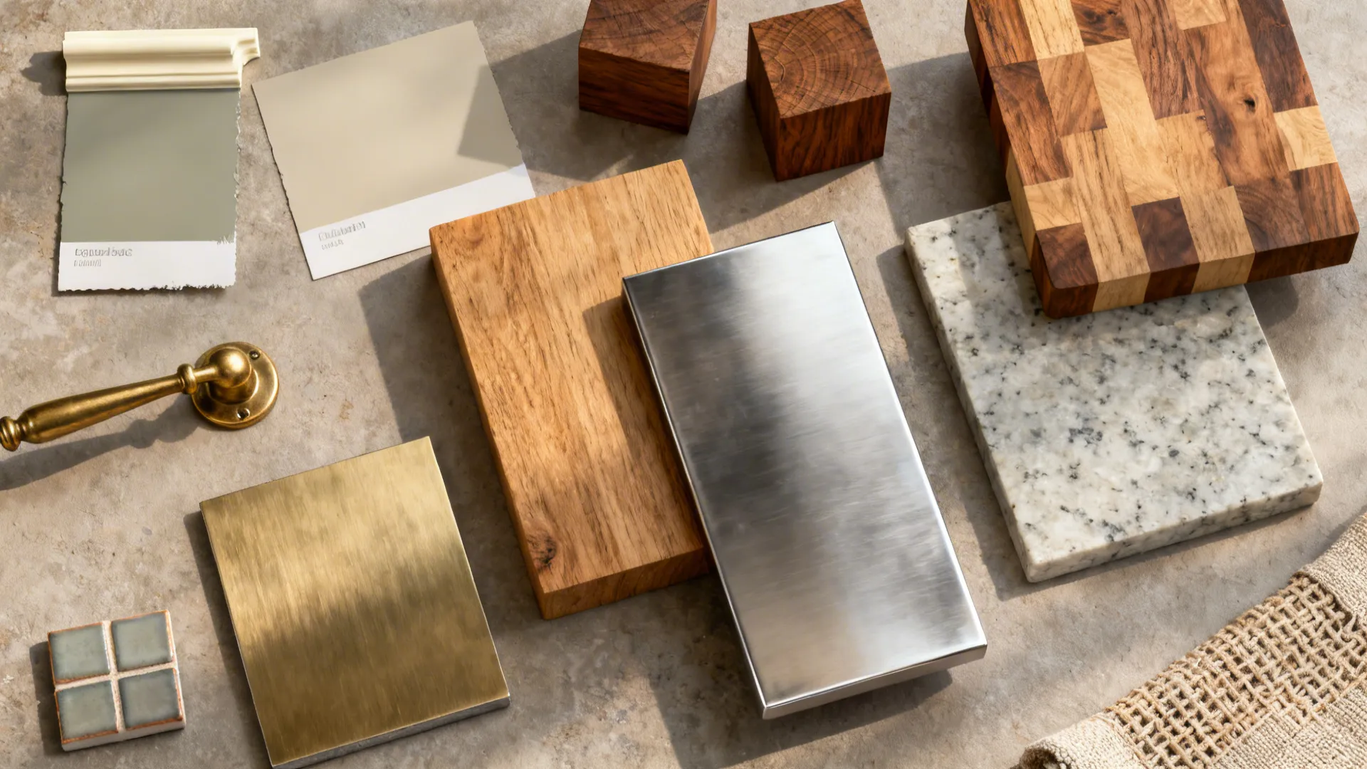 Top-down flatlay of greige paint swatches with wood, quartz, brass, and linen samples.