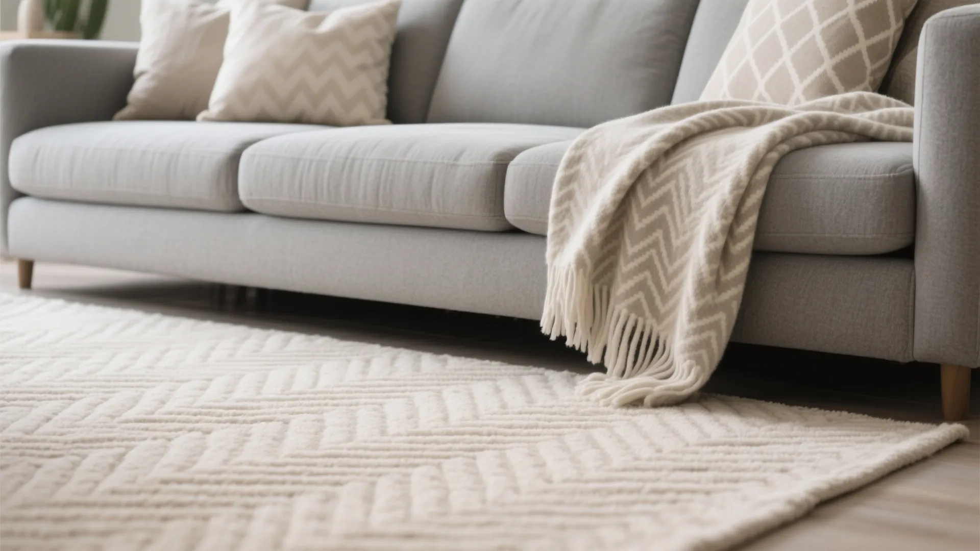 Herringbone beige rug with gray sofa in neutral living room