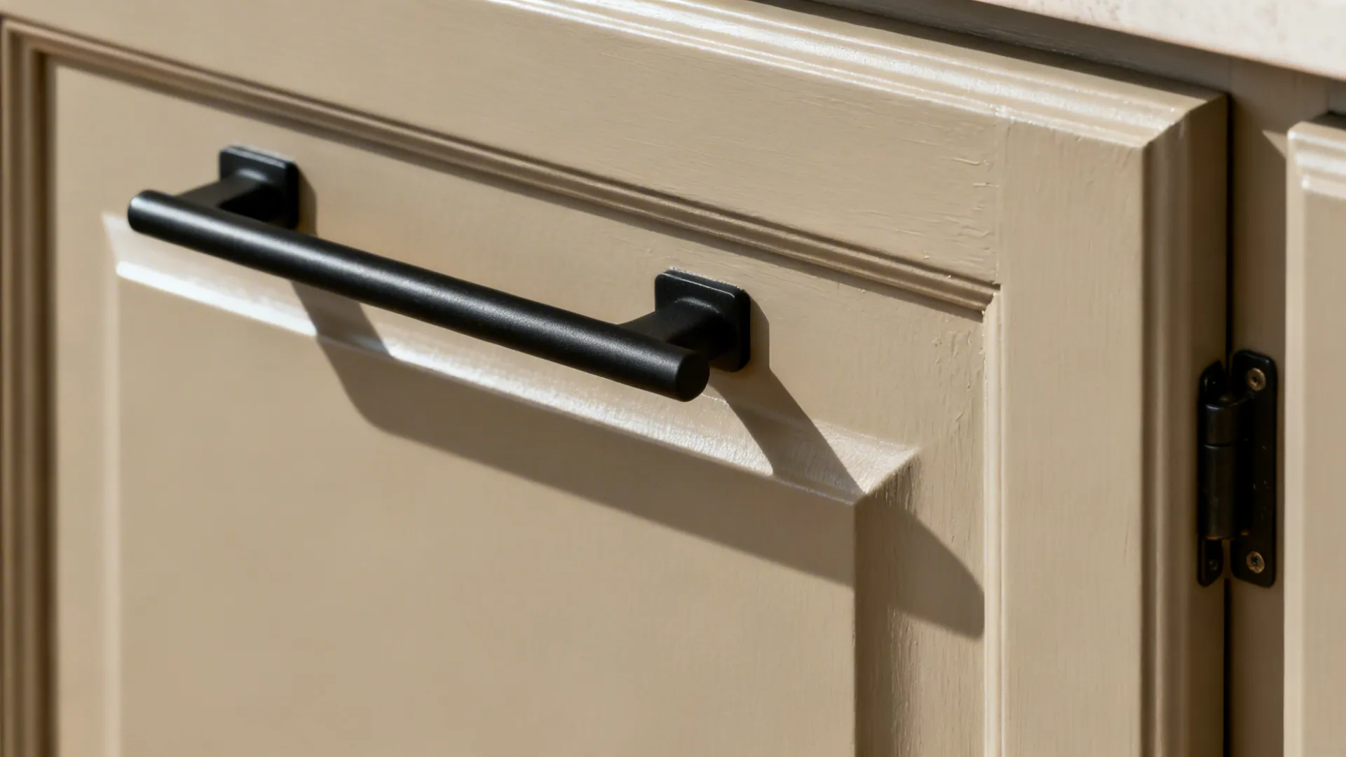 Close-up of greige cabinet door with matte black bar pull and smooth satin finish.